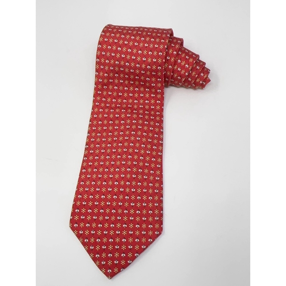 Salvatore Ferragamo Red 100% Silk Designer Tie Bumble Bee Flower Print Italy